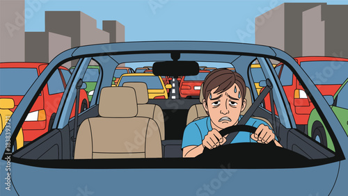 Vector art of a stressed driver stuck in heavy traffic, illustrating frustration during a daily commute and highlighting urban transportation challenges in a busy city environment