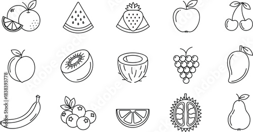 Minimalist Fruit and Healthy Food Line Art Icon Set, Produce, Organic, Vegan Diet, Sweet, Tropical, and Fresh Produce Vector Graphic