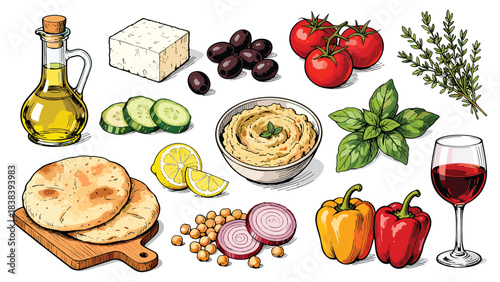 Hummus ingredients. Vector illustration of food items. Mediterranean diet. Pita bread, olives, tomatoes, herbs, cheese, wine, vegetables. Healthy