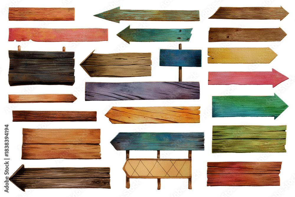 Obraz premium Rustic Wooden Planks Set Hand Drawn Watercolor Flowers Illustration