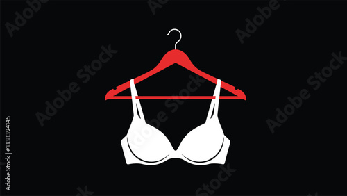 Modern minimalist vector illustration of a white bra hanging on a red clothes hanger against a black background for fashion and lingerie design.