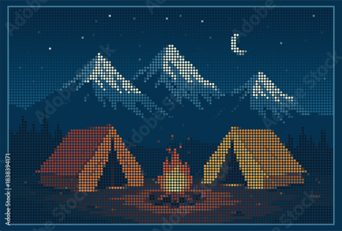 Vector halftone camping night scene with tents and bonfire under snowy mountains dot matrix poster background abstract geometric mosaic nature landscape adventure art sky