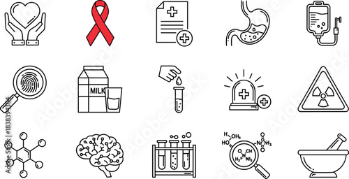 Minimalist Medical Science and Healthcare Line Art Icon Set, Laboratory, Research, Pharmacy, Anatomy, Emergency, and Wellness Vector Graphic