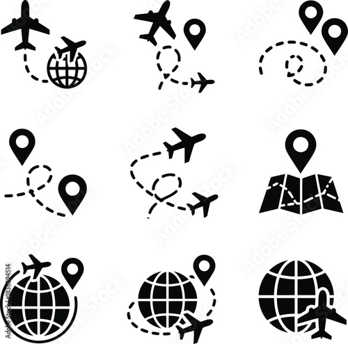 Global travel destination route airplane navigation icon set vector
