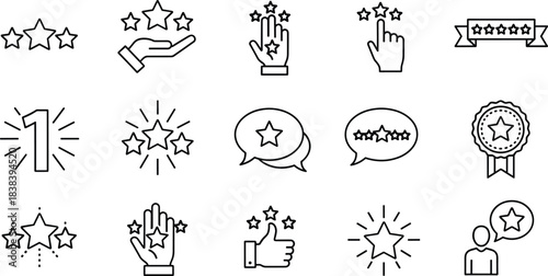 Minimalist Star Rating and Review Line Art Icon Set, Customer Feedback, Quality, Excellence, Ranking, and Testimonial Vector Graphic Collection