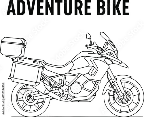 Detailed line art of an adventure motorcycle ready for a long journey ahead