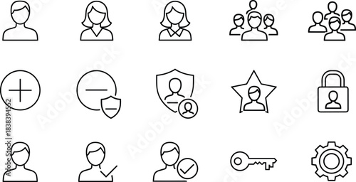 Minimalist User Profile and Interface Line Art Icon Set, Account, Settings, Group, Security, and Management Vector Graphic Collection