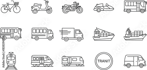 Minimalist Transportation and Vehicles Line Art Icon Set, Public Transit, Logistics, Shipping, Rail, Road, and Urban Travel Vector Collection