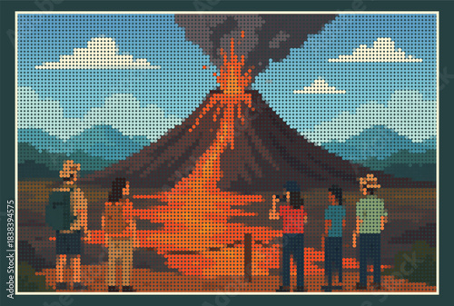 Volcano Eruption Halftone Art Print Active Lava Mountain Landscape Tourists Retro Pixel Dot Travel Poster Wall Decor Adventure Theme Scenic Nature
