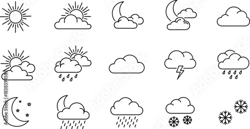 Minimalist Weather Forecast and Climate Line Art Icon Set, Sun, Rain, Snow, Cloud, Moon, and Atmospheric Conditions Vector Graphic