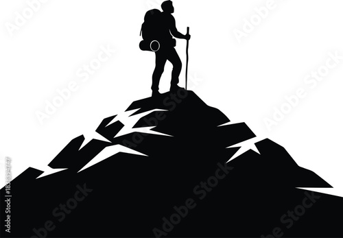 Silhouette of a hiker standing on a mountain peak, symbolizing achievement and adventure