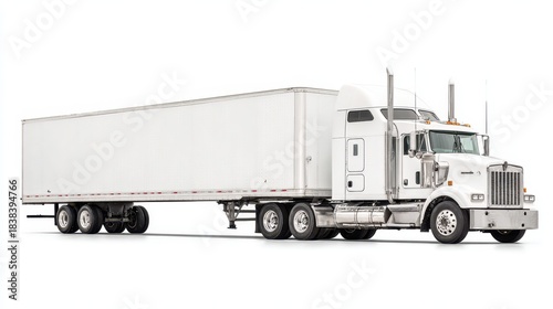White heavy-duty tractor-trailer truck isolated on a pure white backdrop