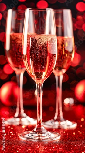 Three glasses with festive cocktail drink on red bokeh background.