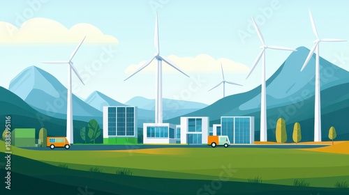 A vibrant illustration of a sustainable energy facility featuring wind turbines, modern buildings, and a scenic landscape.