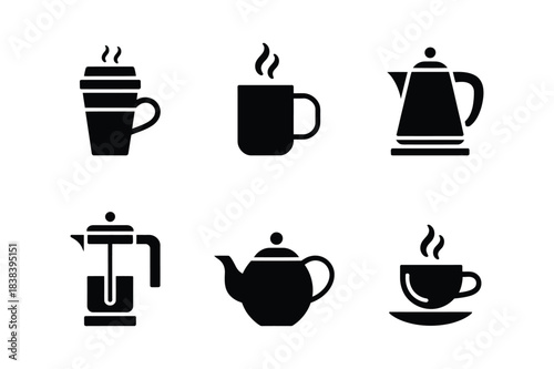 Collection of hot beverage icons featuring mugs teapots and coffee makers