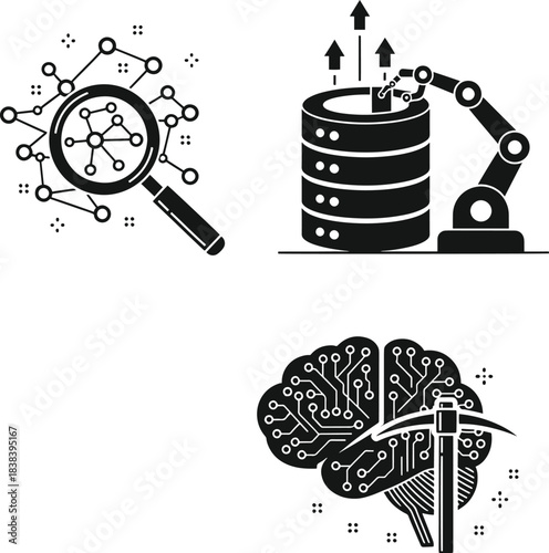 Stunning icons representing data mining machine learning and digital network analysis for modern technology concepts