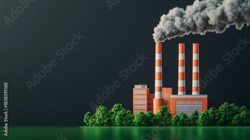 A factory emits smoke from its tall chimneys, surrounded by greenery, set against a dark background emphasizing industrialization and environmental impact.
