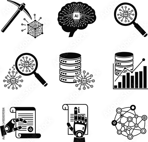 Stunning black and white icons representing artificial intelligence data mining blockchain and digital technology concepts