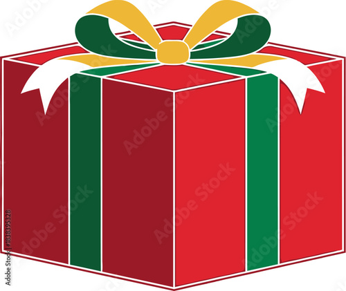 Festive red gift box with green ribbon and gold bow on a clean white backdrop