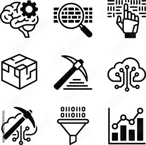Data science, machine learning, and big data icons set isolated on white