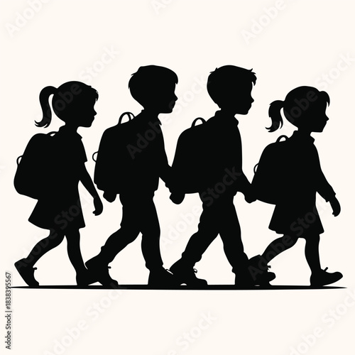 Silhouette of children walking to school with backpacks