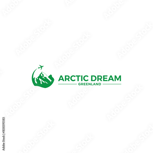 Arctic dream greenland logo design with mountain and airplane, isolated on white