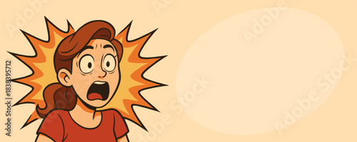 Shocked girl with wide eyes and open mouth. Her tense posture reflects sudden fear. Strong background burst intensifies the emotion