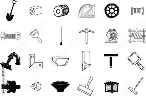 Collection of Construction and Repair Tools Shovel, Screws, Paint Roller, Level, Bolts, Trowels, and More