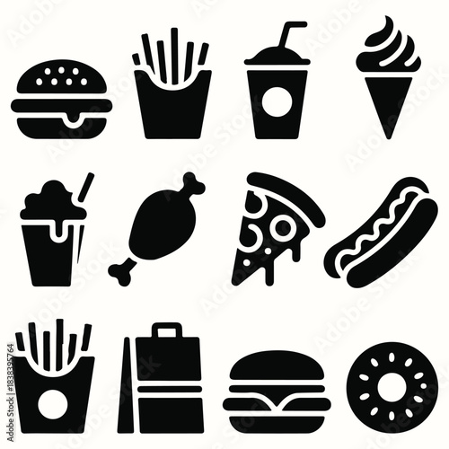 Black and white fast food icons on white background