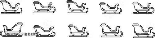 Collection of ten black outline icons depicting various styles of classic winter sleighs isolated on a white background for holiday design