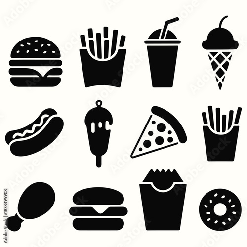 Black and white fast food icons including burgers and fries