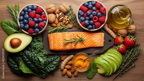 salmon, berries, nuts, avocado, and leafy greens