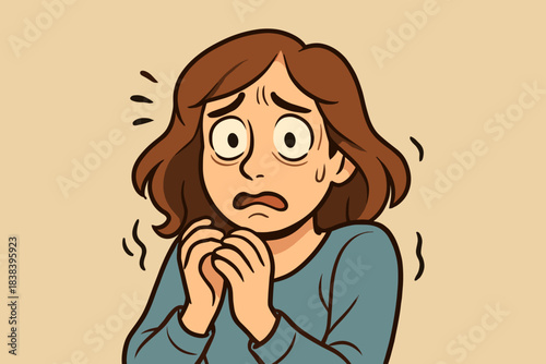 Frightened girl with wide eyes and trembling posture. Her expression shows deep anxiety. Darker accents increase the emotional tension