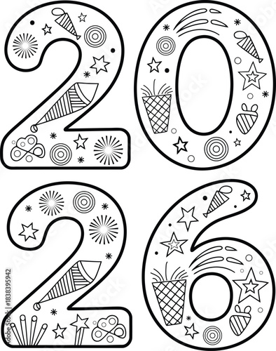 Happy New Year 2026 Coloring Page with Fireworks and Gifts