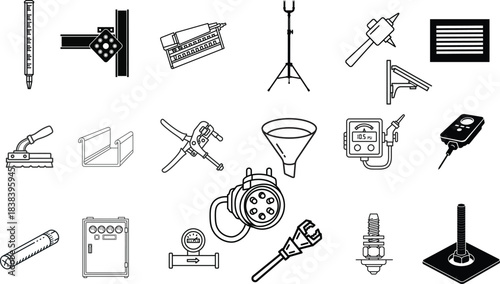 Comprehensive vector collection featuring essential industrial, construction, and mechanical tools in a clean line art style. Ideal for technical design, engineering diagrams, and workshop concepts