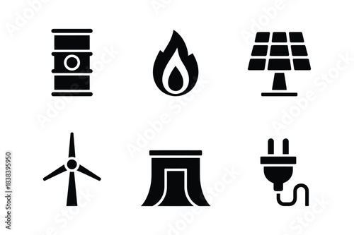 Diverse energy sources icons including fossil fuels and renewables