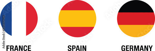 Set of Round Flags France, Spain, and Germany Icons