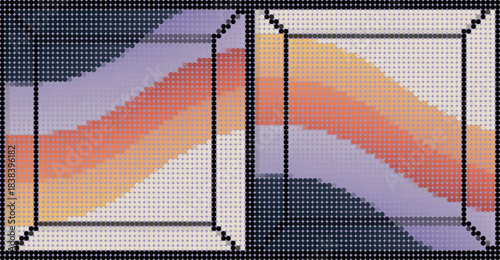 Abstract Geometric Rhinestone Halftone Mosaic Pattern 3D Window Frame Colorful Wavy Gradient Background Pixel Art Texture for Wall Decor Poster Print Design Template