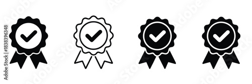 Award Icon Set Vector Illustration Featuring Medal, Badge, Ribbon, And Checkmark Symbols In Solid And Outline Styles For Certification, Quality, And Achievement Design Projects