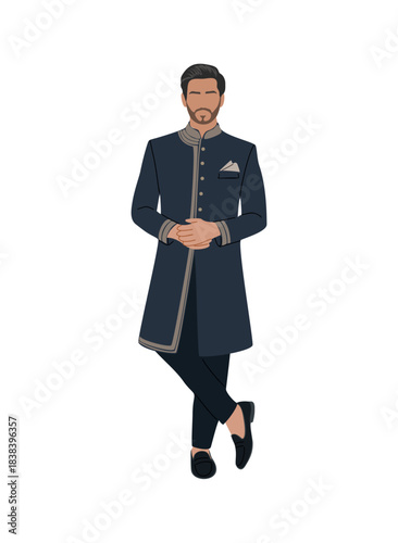 South Asian man in a navy sherwani with beige trim, black formal pants, and loafers, posed formally. Flat vector illustration on transparent background