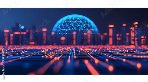 A vibrant digital cityscape featuring a glowing dome and illuminated buildings, showcasing a futuristic technological environment.