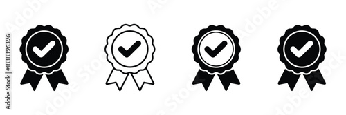 Award Icon Set Vector Illustration Featuring Medal, Badge, Ribbon, And Checkmark Symbols In Solid And Outline Styles For Certification, Quality, And Achievement Design Projects