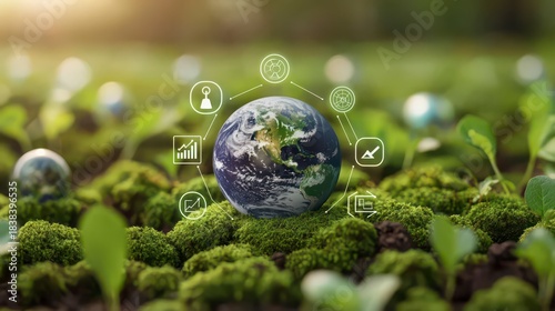 A vibrant globe is surrounded by green sprouts and icons representing sustainability and technology, highlighting the connection between nature and innovation.