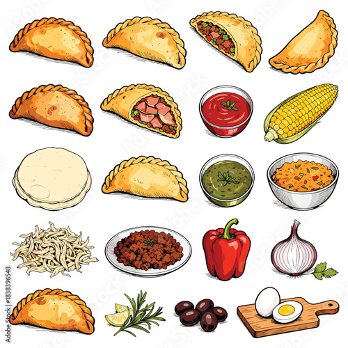 Empanadas and ingredients set on white background glitch static noise distortion scanlines.