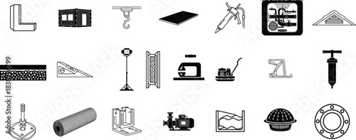 Collection of various industrial and construction tools and equipment icons