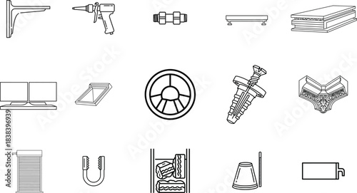 Assortment of essential hardware elements, tools, and common industrial parts rendered as minimalist line vector icons for various applications