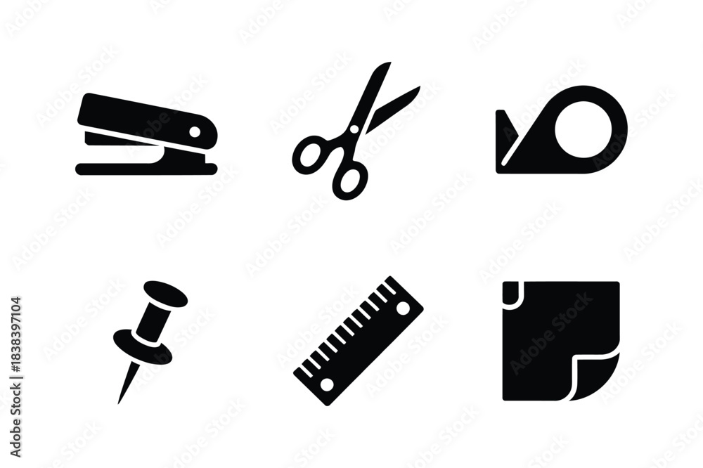 Fototapeta premium Collection of black and white office and school supplies icons