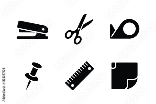Collection of black and white office and school supplies icons