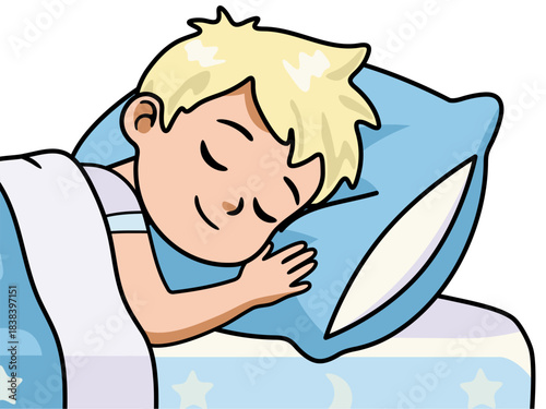 Child sleeping soundly on blue pillow. Kid dream peacefully on bed. Good night illustration for children book.