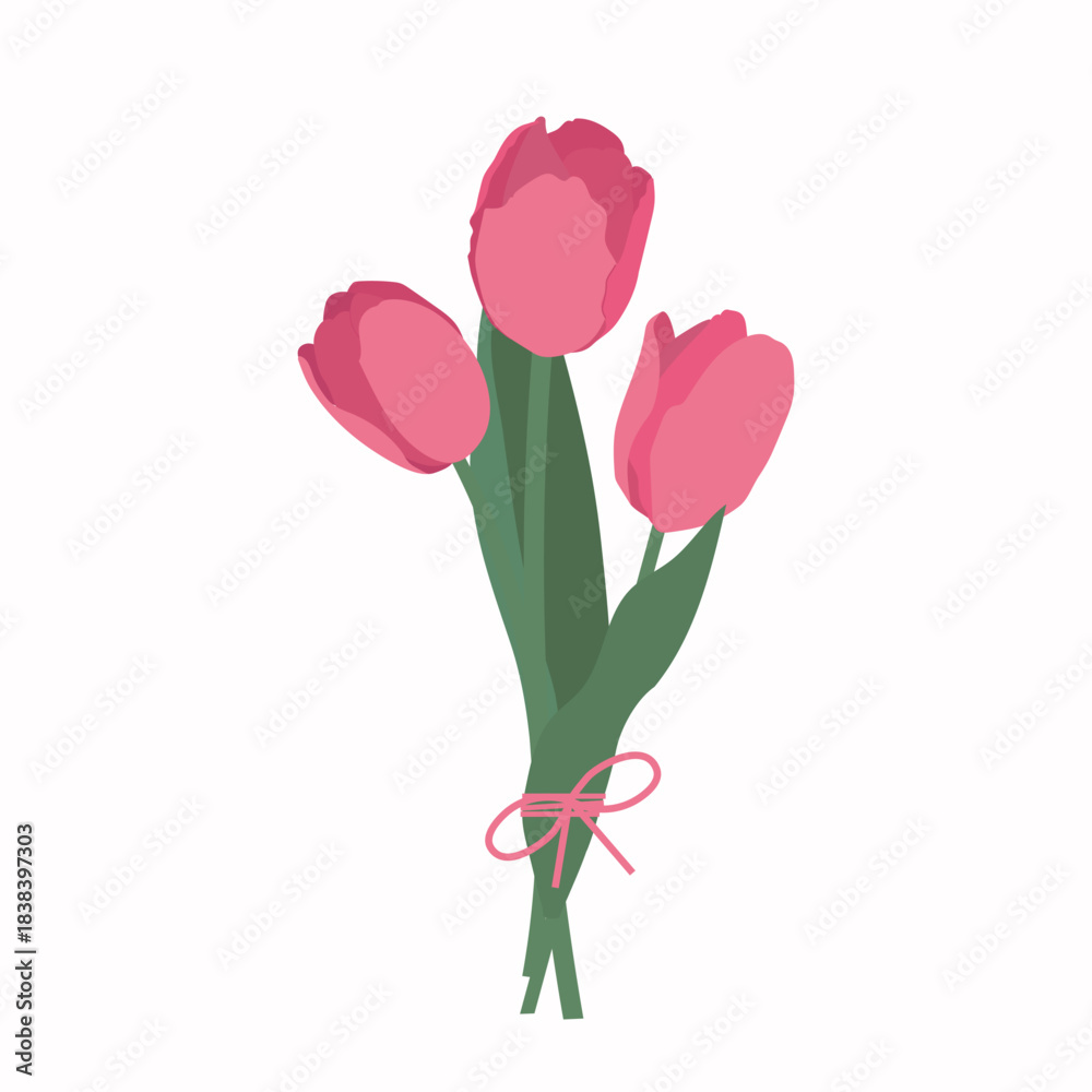 Obraz premium illustration of a bouquet of three pink tulips tied with a ribbon. 